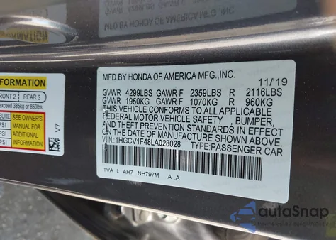 2020 Honda Accord Ex z USA, uszkodzony, nr VIN 1HGCV1F48LA028028